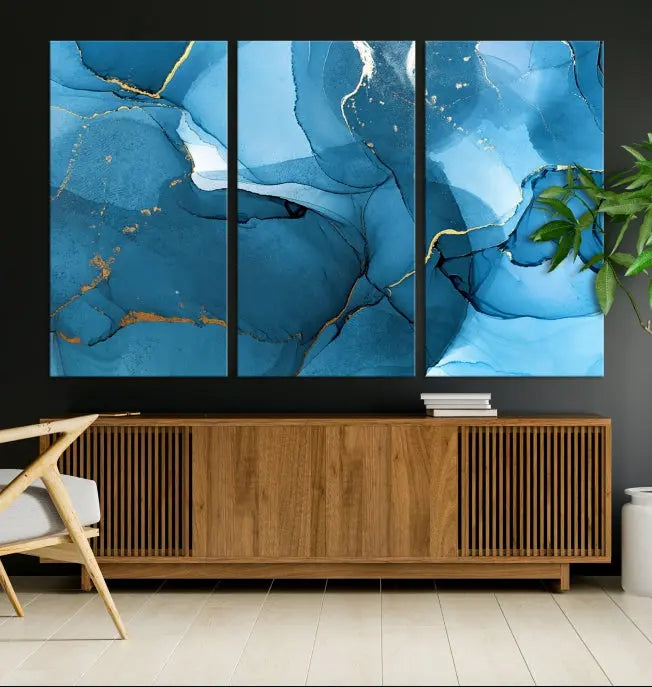 The Blue Marble Modern Wall Art Abstract Canvas Wall Art Print, gallery wrapped on museum-quality canvas, is displayed. Guarded by a UV-protective coating to maintain its lasting vibrancy.