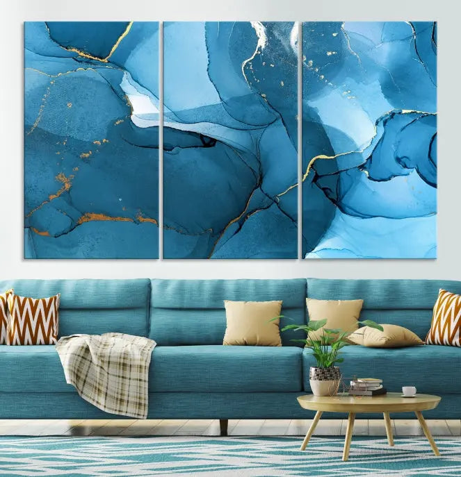 The Blue Marble Modern Wall Art Abstract Canvas Wall Art Print, gallery wrapped on museum-quality canvas, is displayed. Guarded by a UV-protective coating to maintain its lasting vibrancy.