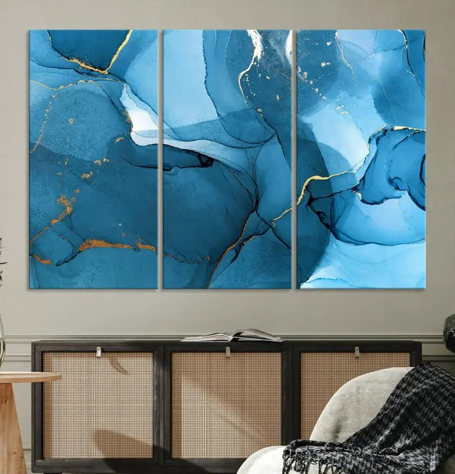 The Blue Marble Modern Wall Art Abstract Canvas Wall Art Print, gallery wrapped on museum-quality canvas, is displayed. Guarded by a UV-protective coating to maintain its lasting vibrancy.