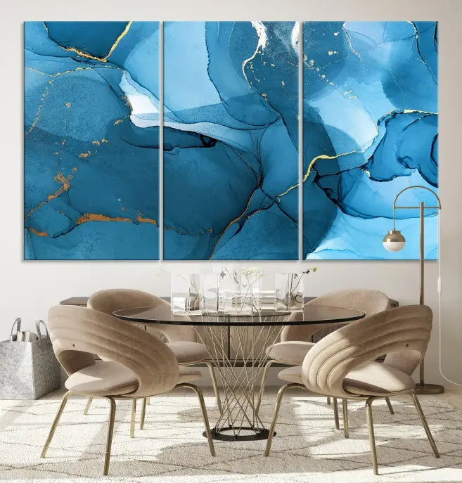 The Blue Marble Modern Wall Art Abstract Canvas Wall Art Print, gallery wrapped on museum-quality canvas, is displayed. Guarded by a UV-protective coating to maintain its lasting vibrancy.