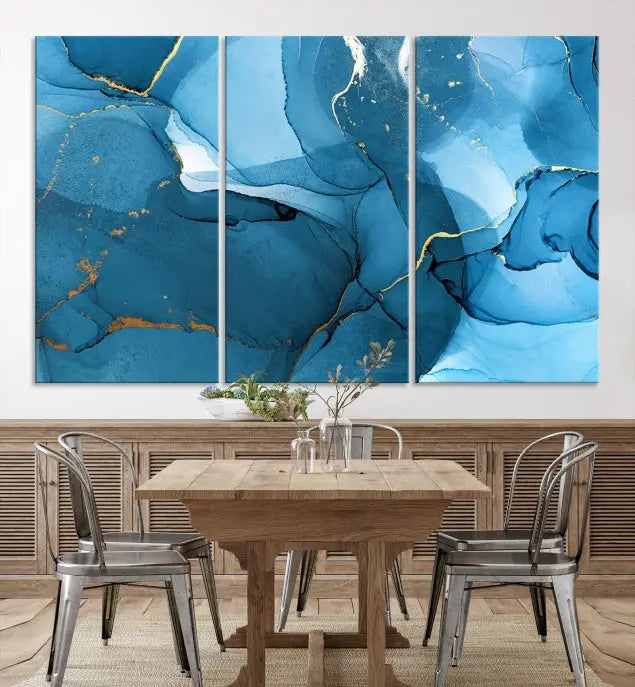 The Blue Marble Modern Wall Art Abstract Canvas Wall Art Print, gallery wrapped on museum-quality canvas, is displayed. Guarded by a UV-protective coating to maintain its lasting vibrancy.