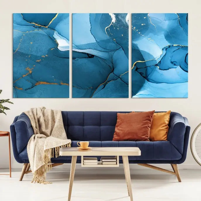 The Blue Marble Modern Wall Art Abstract Canvas Wall Art Print, gallery wrapped on museum-quality canvas, is displayed. Guarded by a UV-protective coating to maintain its lasting vibrancy.