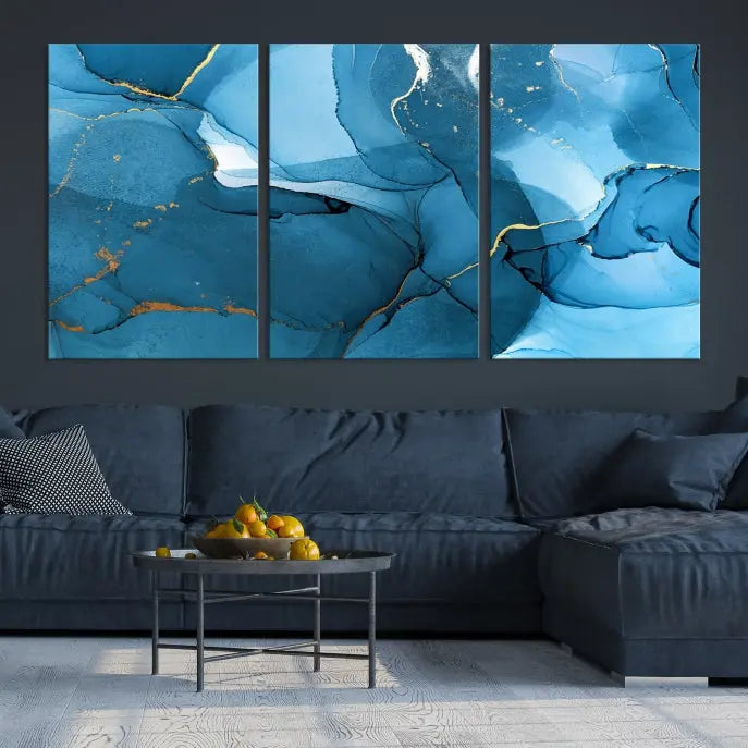 The Blue Marble Modern Wall Art Abstract Canvas Wall Art Print, gallery wrapped on museum-quality canvas, is displayed. Guarded by a UV-protective coating to maintain its lasting vibrancy.