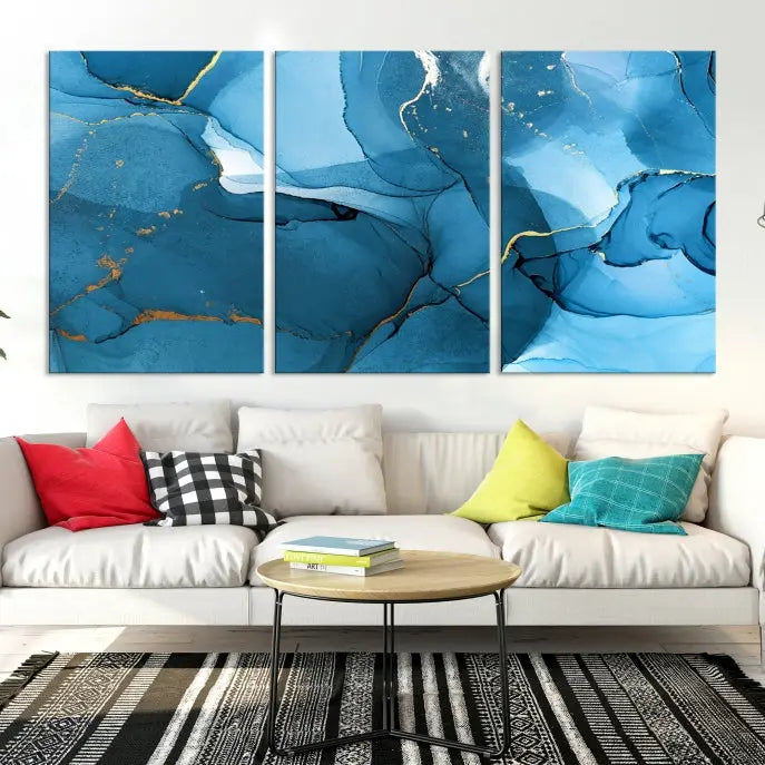 The Blue Marble Modern Wall Art Abstract Canvas Wall Art Print, gallery wrapped on museum-quality canvas, is displayed. Guarded by a UV-protective coating to maintain its lasting vibrancy.