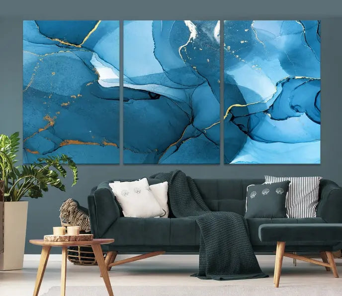 The Blue Marble Modern Wall Art Abstract Canvas Wall Art Print, gallery wrapped on museum-quality canvas, is displayed. Guarded by a UV-protective coating to maintain its lasting vibrancy.