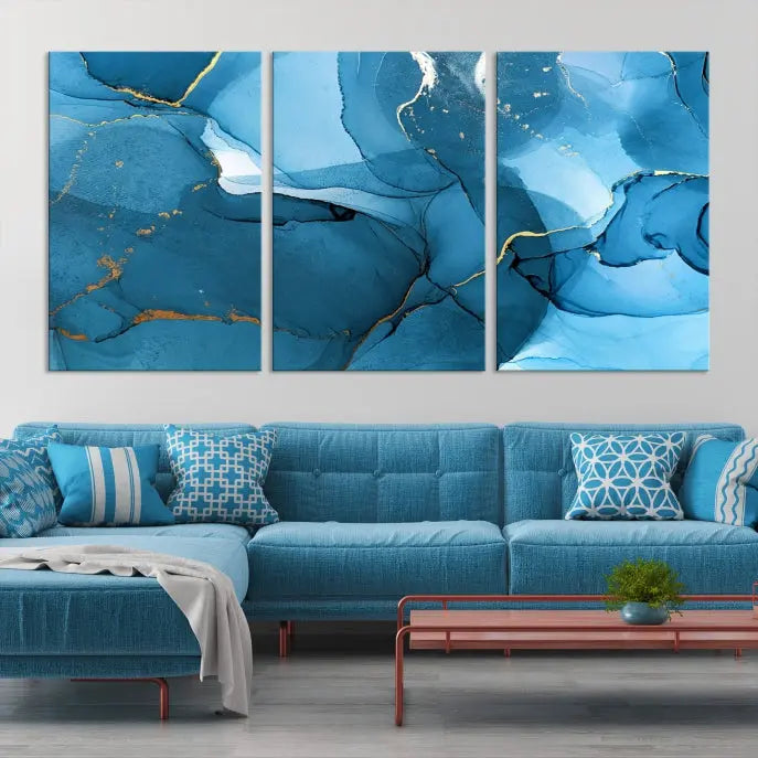 The Blue Marble Modern Wall Art Abstract Canvas Wall Art Print, gallery wrapped on museum-quality canvas, is displayed. Guarded by a UV-protective coating to maintain its lasting vibrancy.