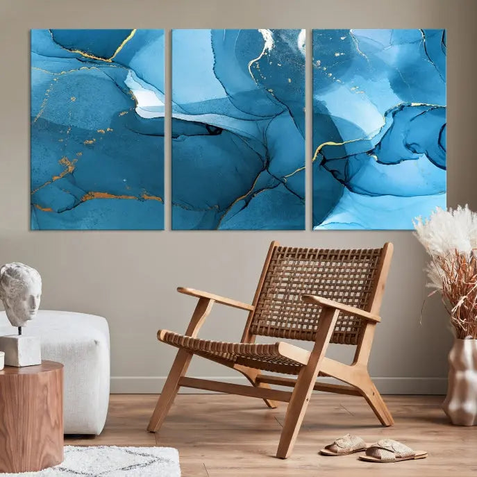 The Blue Marble Modern Wall Art Abstract Canvas Wall Art Print, gallery wrapped on museum-quality canvas, is displayed. Guarded by a UV-protective coating to maintain its lasting vibrancy.