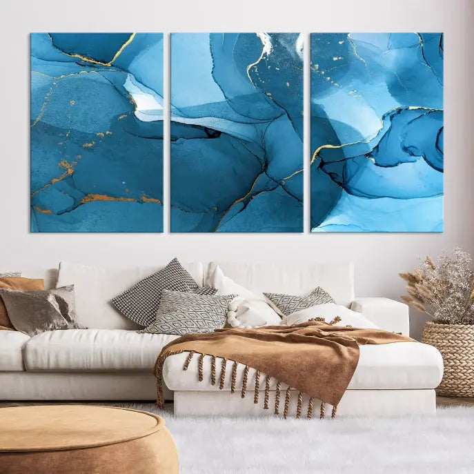 The Blue Marble Modern Wall Art Abstract Canvas Wall Art Print, gallery wrapped on museum-quality canvas, is displayed. Guarded by a UV-protective coating to maintain its lasting vibrancy.