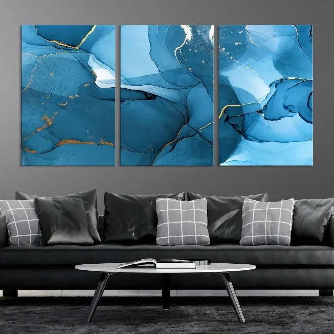 The Blue Marble Modern Wall Art Abstract Canvas Wall Art Print, gallery wrapped on museum-quality canvas, is displayed. Guarded by a UV-protective coating to maintain its lasting vibrancy.