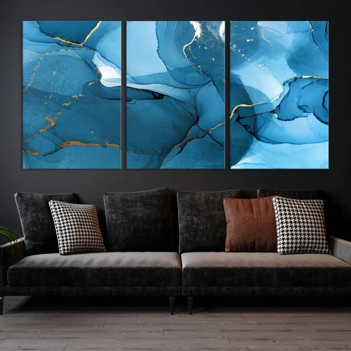 The Blue Marble Modern Wall Art Abstract Canvas Wall Art Print, gallery wrapped on museum-quality canvas, is displayed. Guarded by a UV-protective coating to maintain its lasting vibrancy.