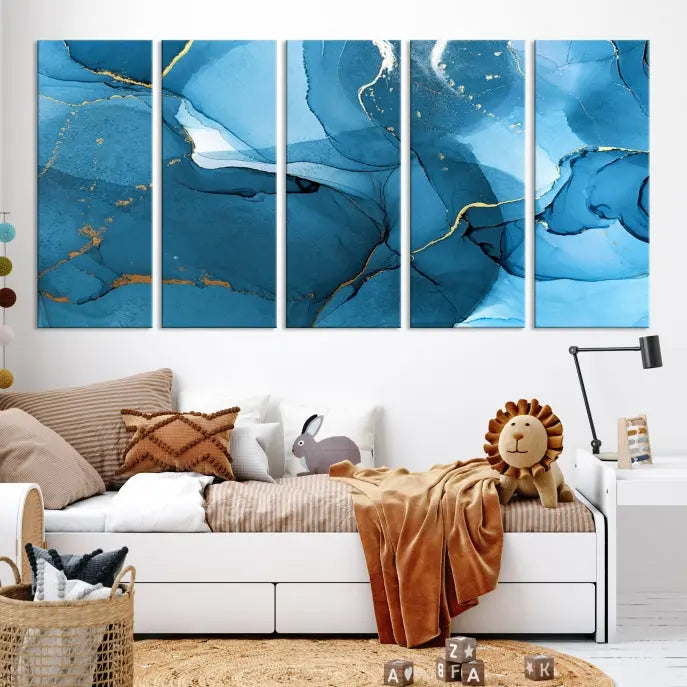 The Blue Marble Modern Wall Art Abstract Canvas Wall Art Print, gallery wrapped on museum-quality canvas, is displayed. Guarded by a UV-protective coating to maintain its lasting vibrancy.