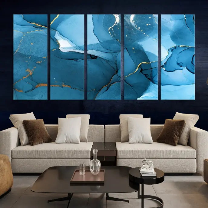 The Blue Marble Modern Wall Art Abstract Canvas Wall Art Print, gallery wrapped on museum-quality canvas, is displayed. Guarded by a UV-protective coating to maintain its lasting vibrancy.