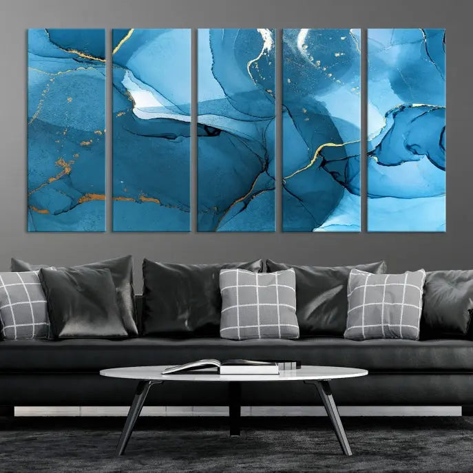 The Blue Marble Modern Wall Art Abstract Canvas Wall Art Print, gallery wrapped on museum-quality canvas, is displayed. Guarded by a UV-protective coating to maintain its lasting vibrancy.