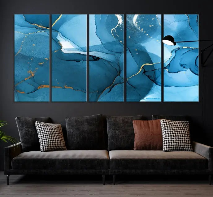 The Blue Marble Modern Wall Art Abstract Canvas Wall Art Print, gallery wrapped on museum-quality canvas, is displayed. Guarded by a UV-protective coating to maintain its lasting vibrancy.