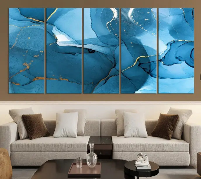 The Blue Marble Modern Wall Art Abstract Canvas Wall Art Print, gallery wrapped on museum-quality canvas, is displayed. Guarded by a UV-protective coating to maintain its lasting vibrancy.