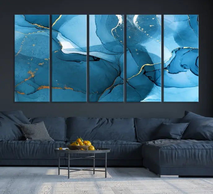 The Blue Marble Modern Wall Art Abstract Canvas Wall Art Print, gallery wrapped on museum-quality canvas, is displayed. Guarded by a UV-protective coating to maintain its lasting vibrancy.