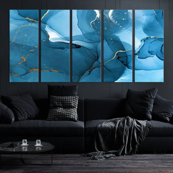 The Blue Marble Modern Wall Art Abstract Canvas Wall Art Print, gallery wrapped on museum-quality canvas, is displayed. Guarded by a UV-protective coating to maintain its lasting vibrancy.