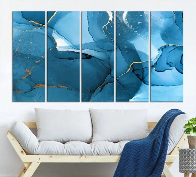 The Blue Marble Modern Wall Art Abstract Canvas Wall Art Print, gallery wrapped on museum-quality canvas, is displayed. Guarded by a UV-protective coating to maintain its lasting vibrancy.