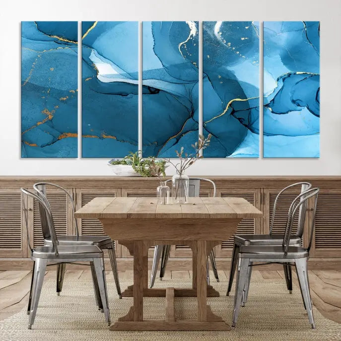 The Blue Marble Modern Wall Art Abstract Canvas Wall Art Print, gallery wrapped on museum-quality canvas, is displayed. Guarded by a UV-protective coating to maintain its lasting vibrancy.