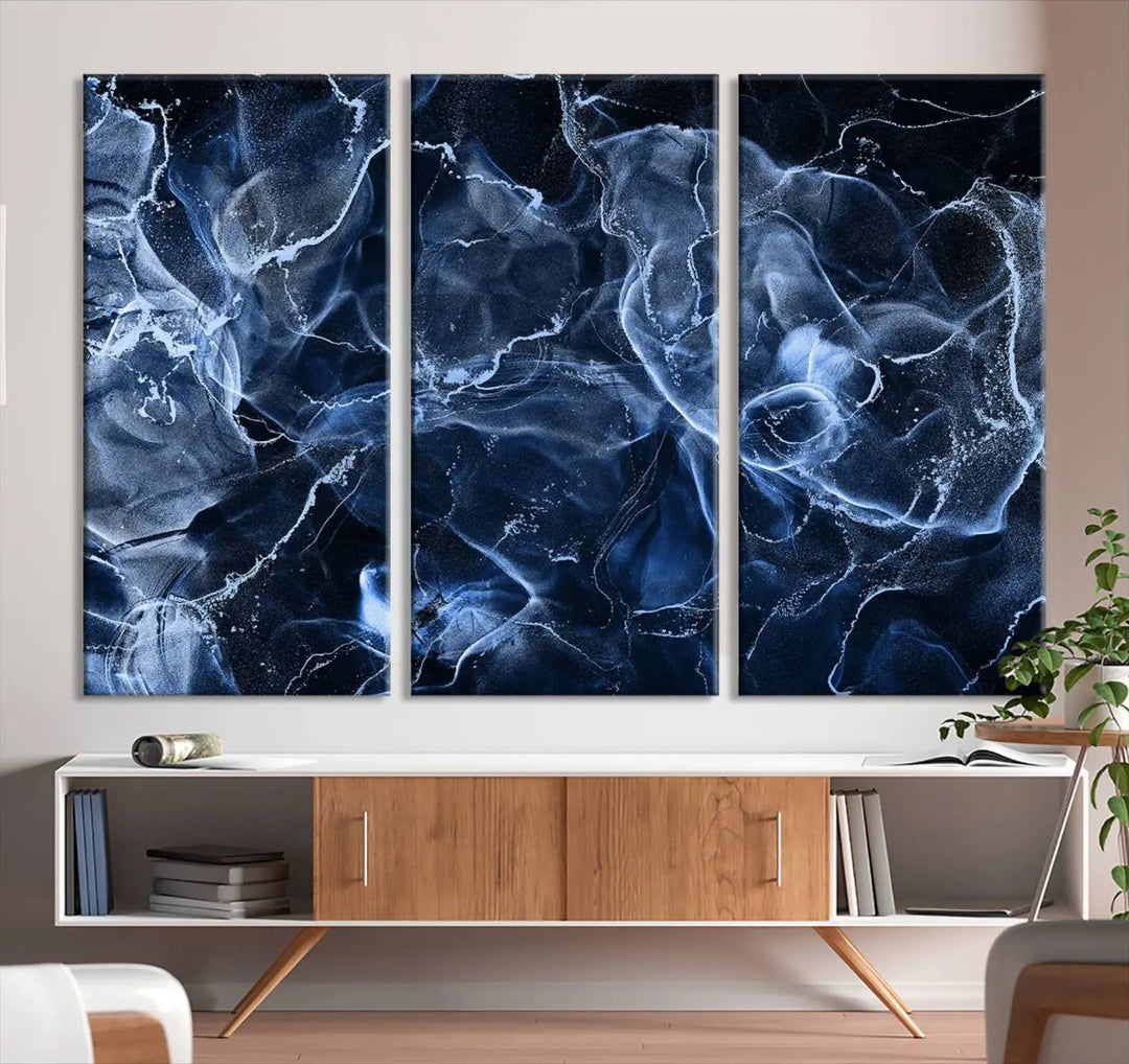 Modern living room showcasing a Blue Marble Smokey Effect Wall Art Abstract Canvas Wall Art Print.