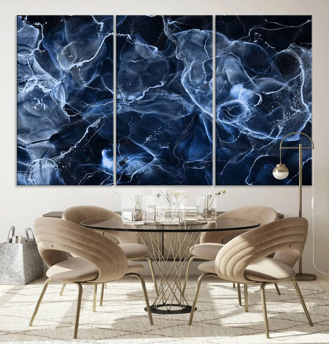 Modern living room showcasing a Blue Marble Smokey Effect Wall Art Abstract Canvas Wall Art Print.