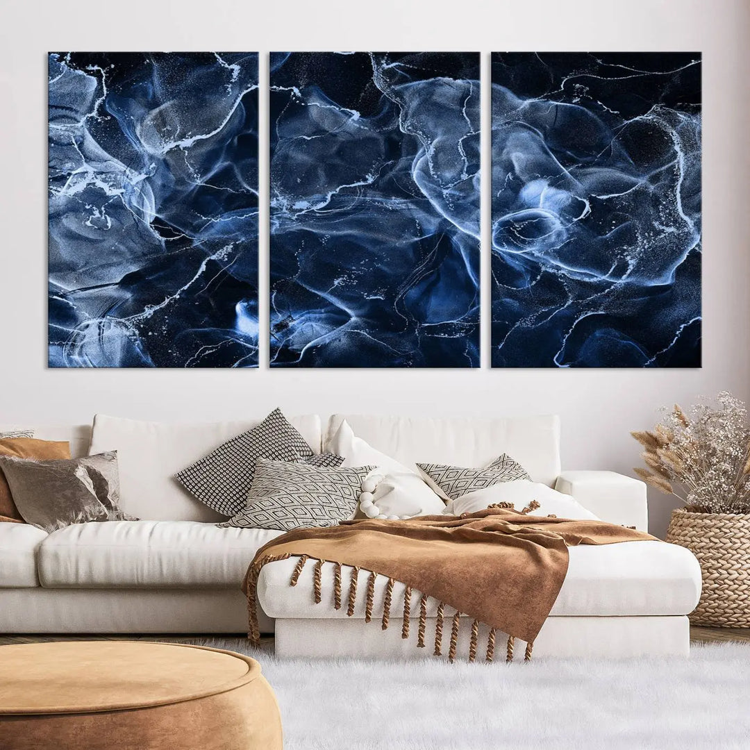 Modern living room showcasing a Blue Marble Smokey Effect Wall Art Abstract Canvas Wall Art Print.