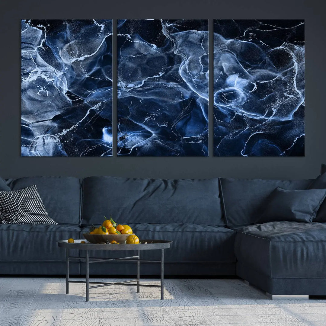 Modern living room showcasing a Blue Marble Smokey Effect Wall Art Abstract Canvas Wall Art Print.