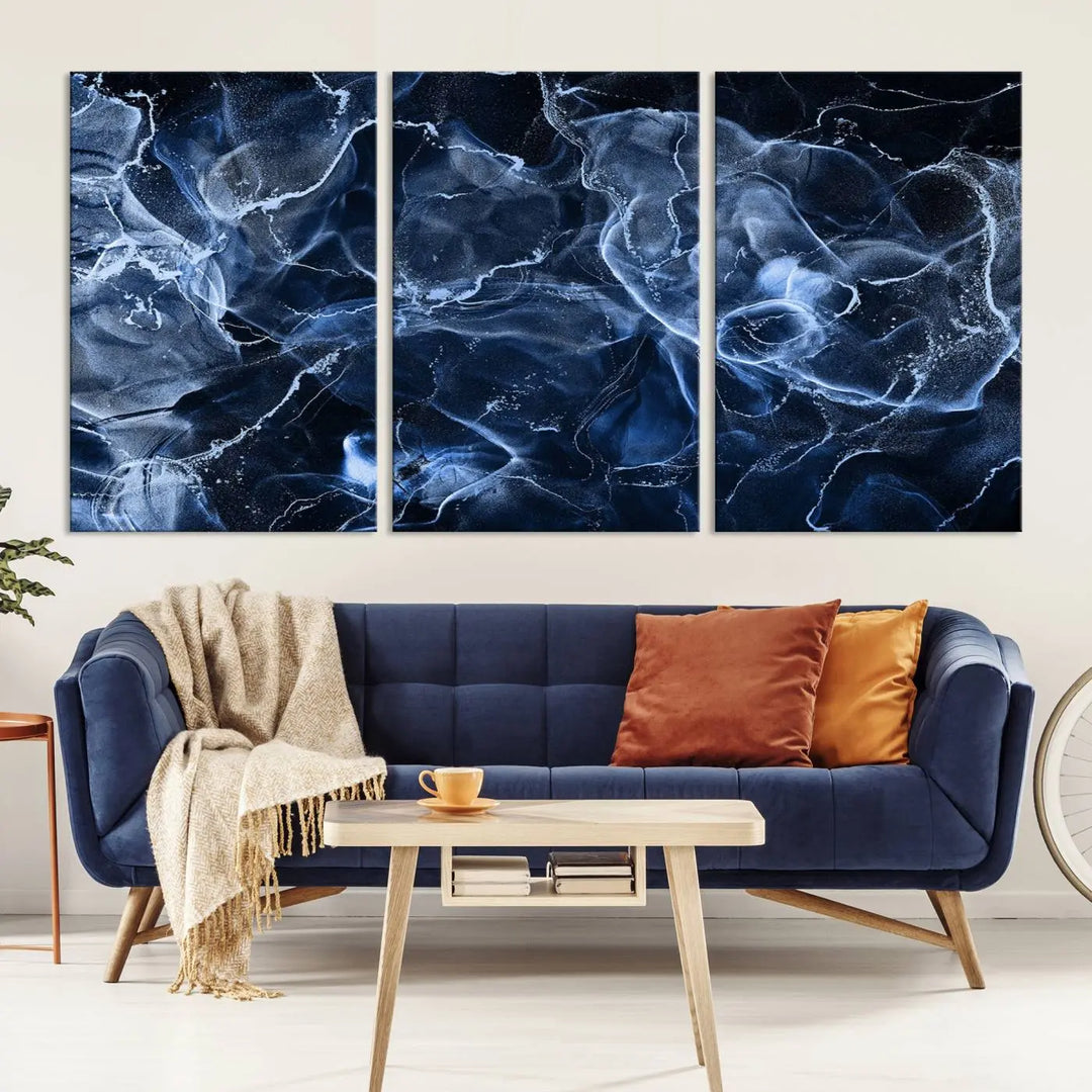 Modern living room showcasing a Blue Marble Smokey Effect Wall Art Abstract Canvas Wall Art Print.