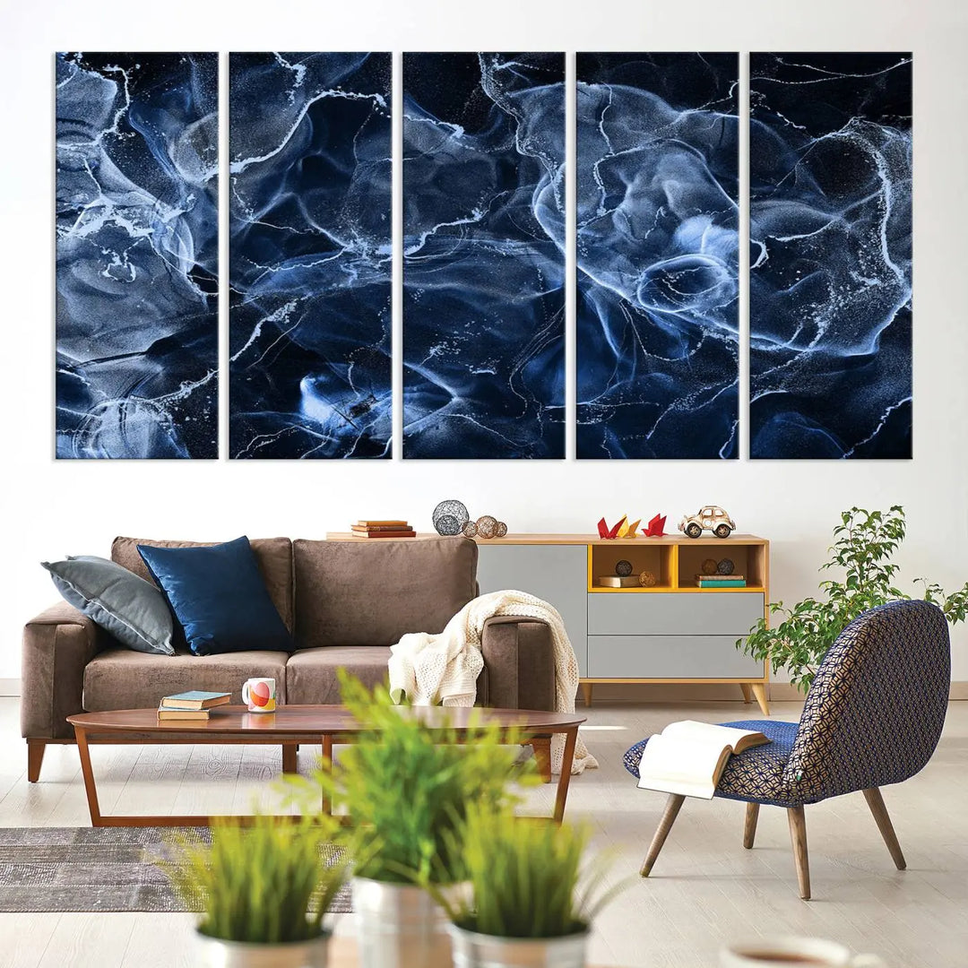 Modern living room showcasing a Blue Marble Smokey Effect Wall Art Abstract Canvas Wall Art Print.