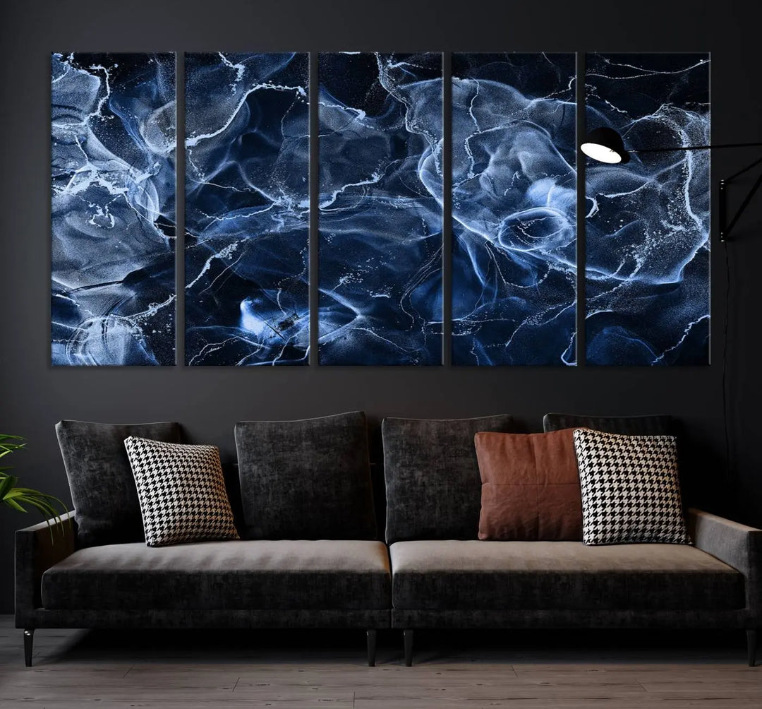 Modern living room showcasing a Blue Marble Smokey Effect Wall Art Abstract Canvas Wall Art Print.