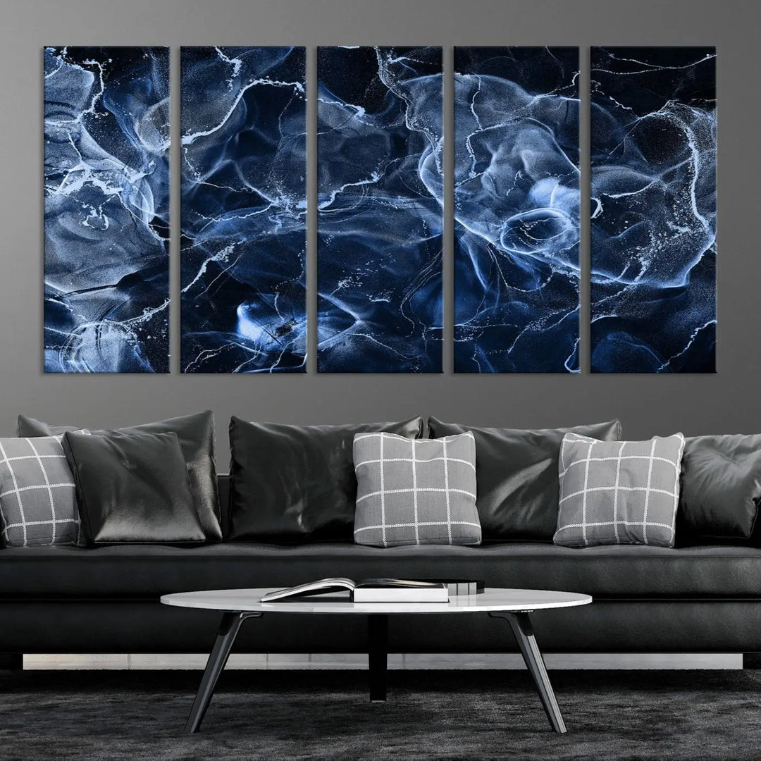 Modern living room showcasing a Blue Marble Smokey Effect Wall Art Abstract Canvas Wall Art Print.