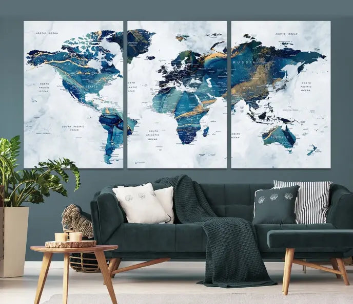 The Blue Marble Style World Map Wall Art Canvas Print, featuring three panels in blue tones, is displayed prominently.