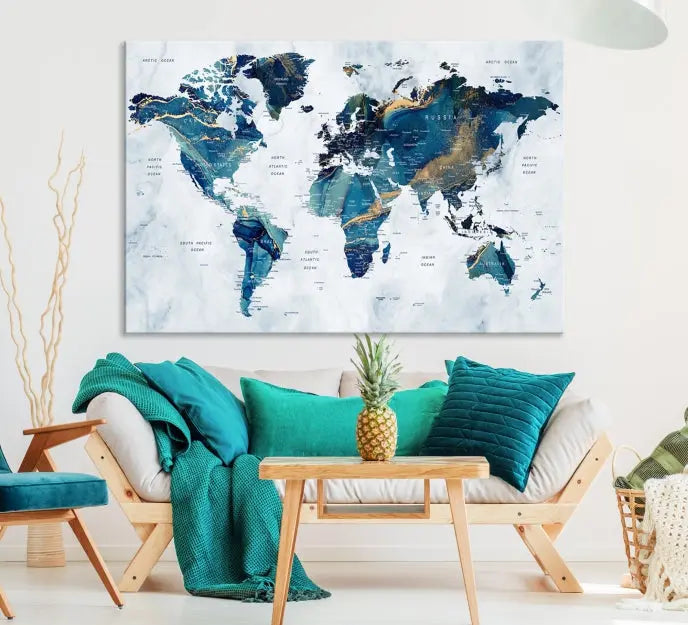 The Blue Marble Style World Map Wall Art Canvas Print, featuring three panels in blue tones, is displayed prominently.