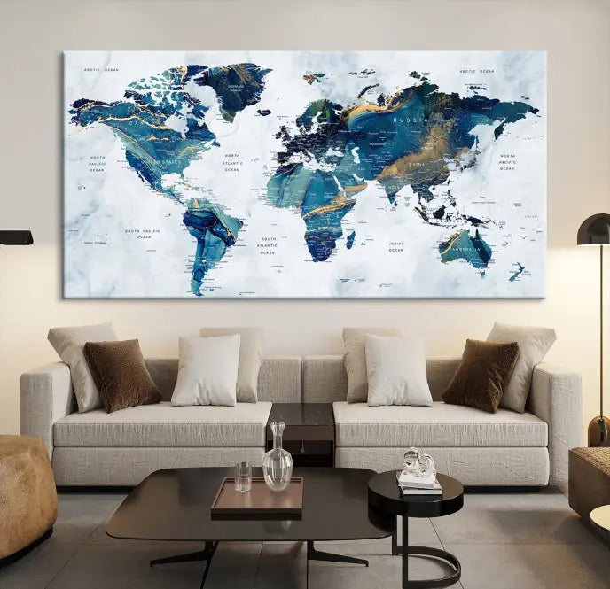 The Blue Marble Style World Map Wall Art Canvas Print, featuring three panels in blue tones, is displayed prominently.