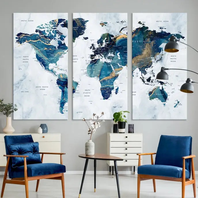 The Blue Marble Style World Map Wall Art Canvas Print, featuring three panels in blue tones, is displayed prominently.