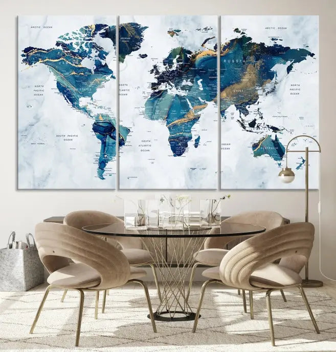 The Blue Marble Style World Map Wall Art Canvas Print, featuring three panels in blue tones, is displayed prominently.