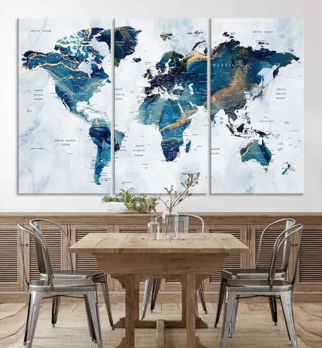 The Blue Marble Style World Map Wall Art Canvas Print, featuring three panels in blue tones, is displayed prominently.