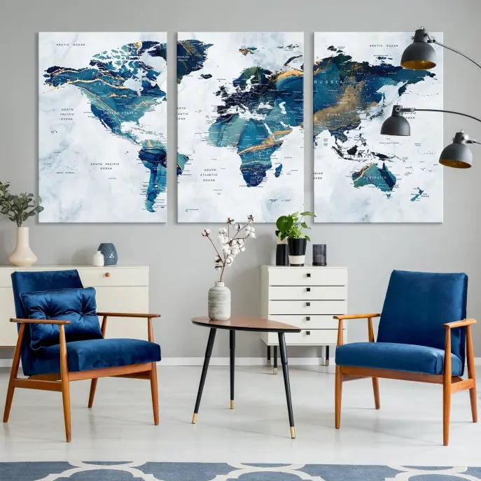 The Blue Marble Style World Map Wall Art Canvas Print, featuring three panels in blue tones, is displayed prominently.