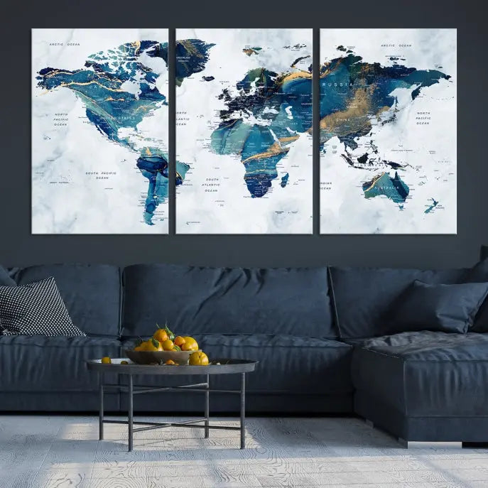 The Blue Marble Style World Map Wall Art Canvas Print, featuring three panels in blue tones, is displayed prominently.