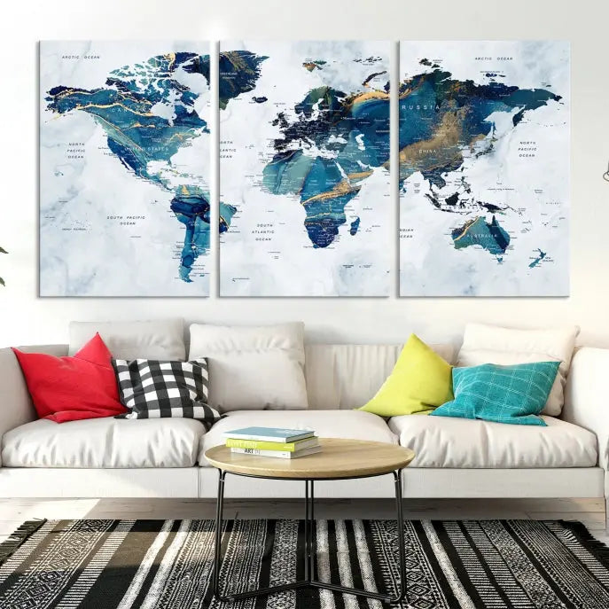 The Blue Marble Style World Map Wall Art Canvas Print, featuring three panels in blue tones, is displayed prominently.