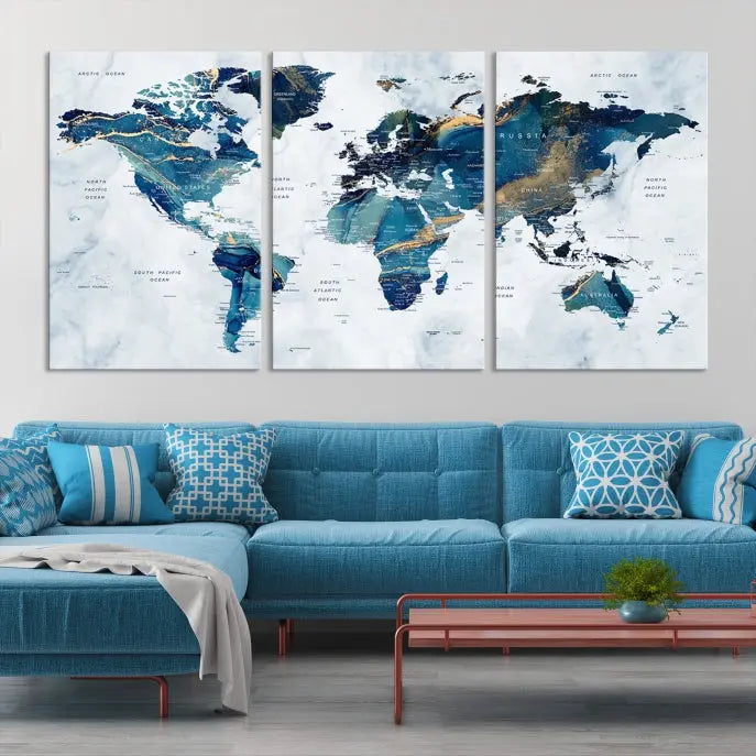 The Blue Marble Style World Map Wall Art Canvas Print, featuring three panels in blue tones, is displayed prominently.