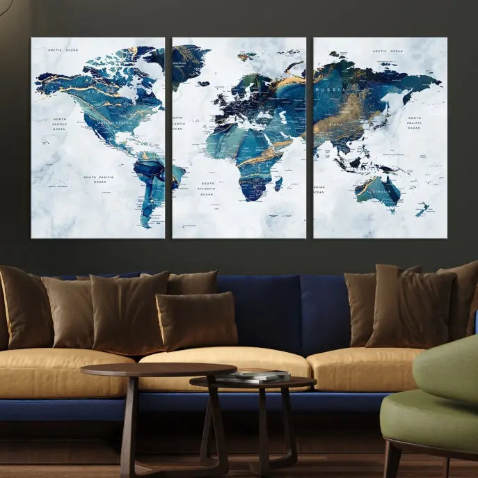 The Blue Marble Style World Map Wall Art Canvas Print, featuring three panels in blue tones, is displayed prominently.