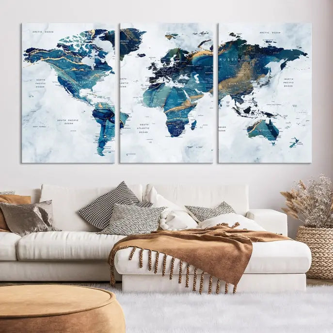 The Blue Marble Style World Map Wall Art Canvas Print, featuring three panels in blue tones, is displayed prominently.