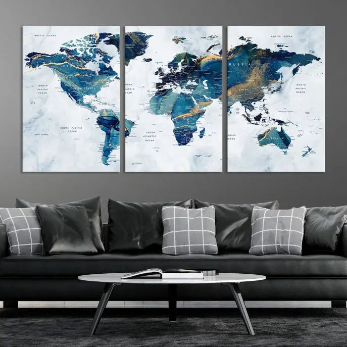 The Blue Marble Style World Map Wall Art Canvas Print, featuring three panels in blue tones, is displayed prominently.