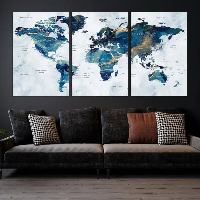 The Blue Marble Style World Map Wall Art Canvas Print, featuring three panels in blue tones, is displayed prominently.