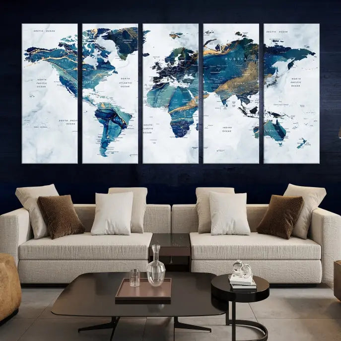 The Blue Marble Style World Map Wall Art Canvas Print, featuring three panels in blue tones, is displayed prominently.