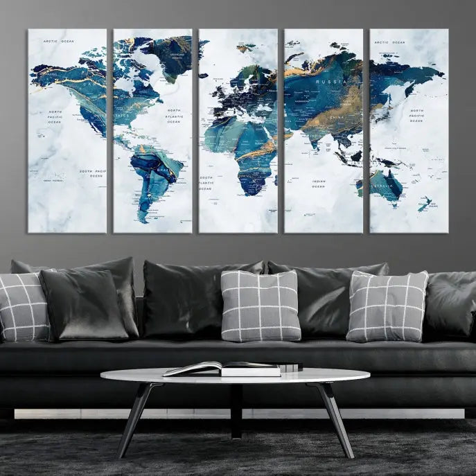 The Blue Marble Style World Map Wall Art Canvas Print, featuring three panels in blue tones, is displayed prominently.