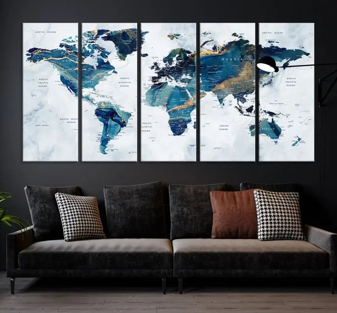 The Blue Marble Style World Map Wall Art Canvas Print, featuring three panels in blue tones, is displayed prominently.