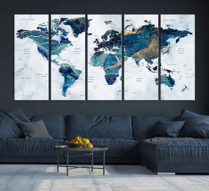 The Blue Marble Style World Map Wall Art Canvas Print, featuring three panels in blue tones, is displayed prominently.