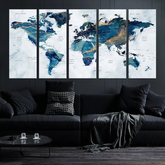 The Blue Marble Style World Map Wall Art Canvas Print, featuring three panels in blue tones, is displayed prominently.